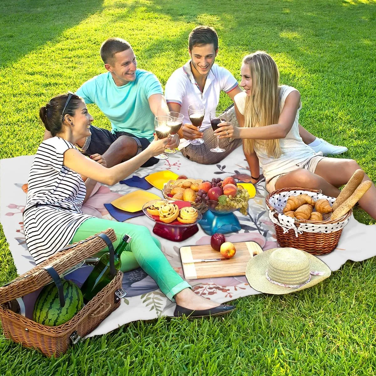 Beach Blanket, Spring Flower Sandproof Beach Mat, Waterproof Quick Drying Sand Free Mat with 4 x Ground Spikes for Outdoor Travel Camping Hiking, Garland Pastel Tones 68 x 59 in