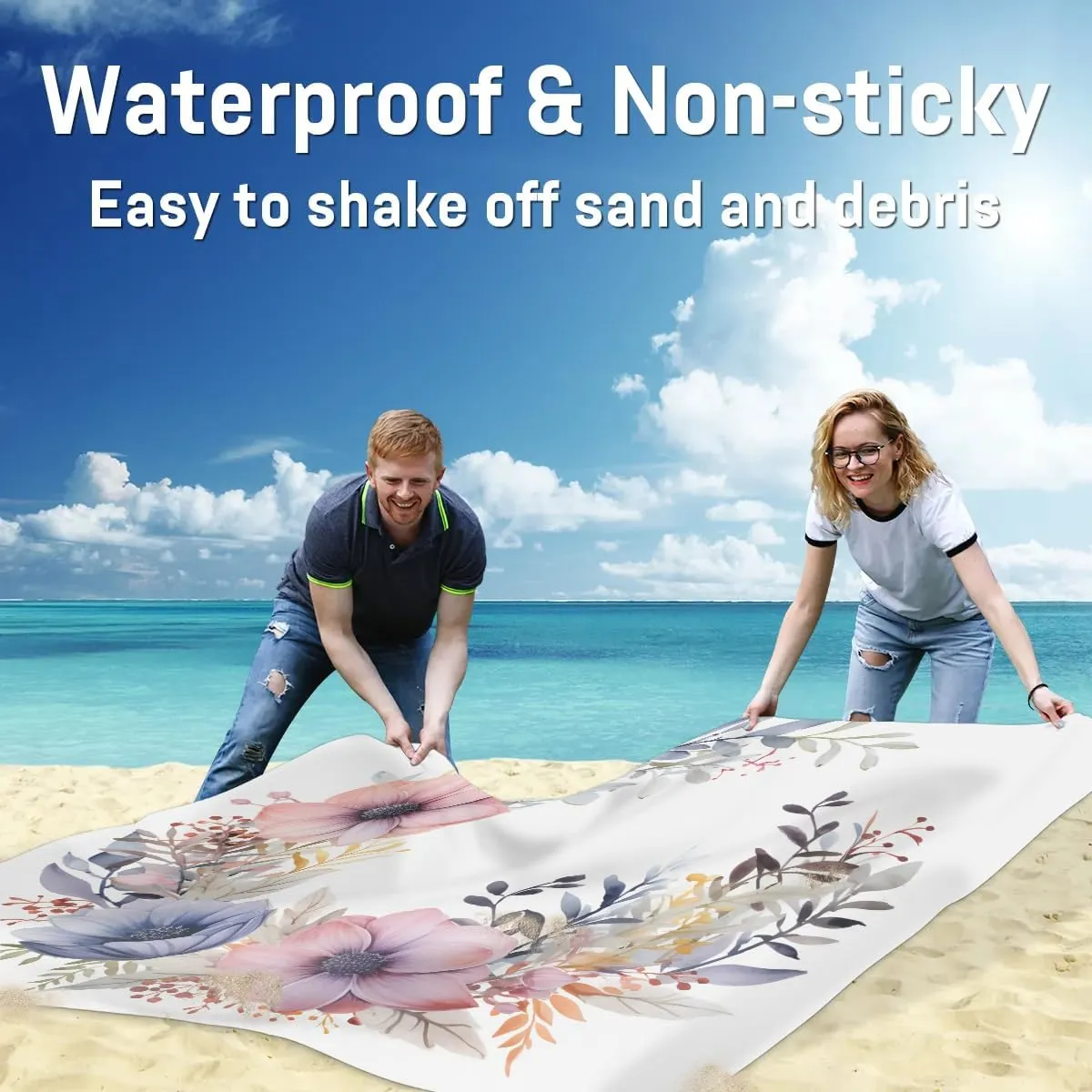 Beach Blanket, Spring Flower Sandproof Beach Mat, Waterproof Quick Drying Sand Free Mat with 4 x Ground Spikes for Outdoor Travel Camping Hiking, Garland Pastel Tones 68 x 59 in