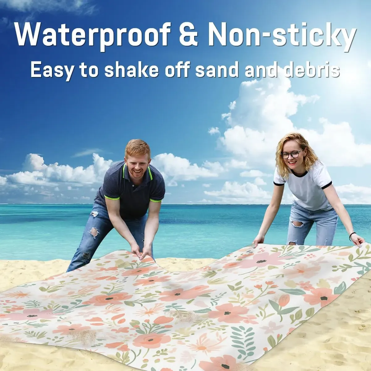 Beach Blanket, Summer Daisy Flower Sandproof Beach Mat, Waterproof Quick Drying Sand Free Mat with 4 x Ground Spikes for Outdoor Travel Camping Hiking, Floral Eucalyptus 68 x 59 in