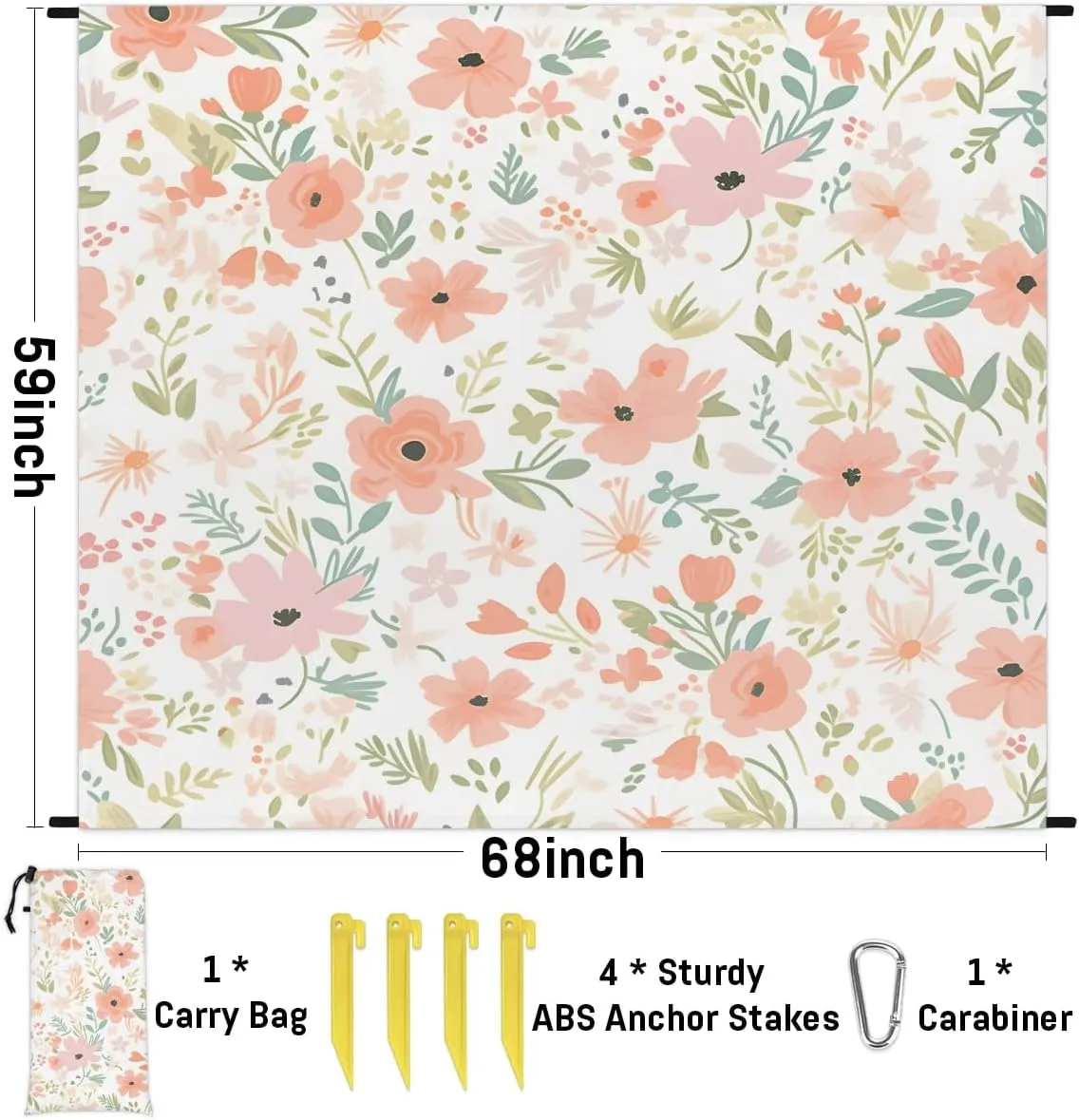 Beach Blanket, Summer Daisy Flower Sandproof Beach Mat, Waterproof Quick Drying Sand Free Mat with 4 x Ground Spikes for Outdoor Travel Camping Hiking, Floral Eucalyptus 68 x 59 in