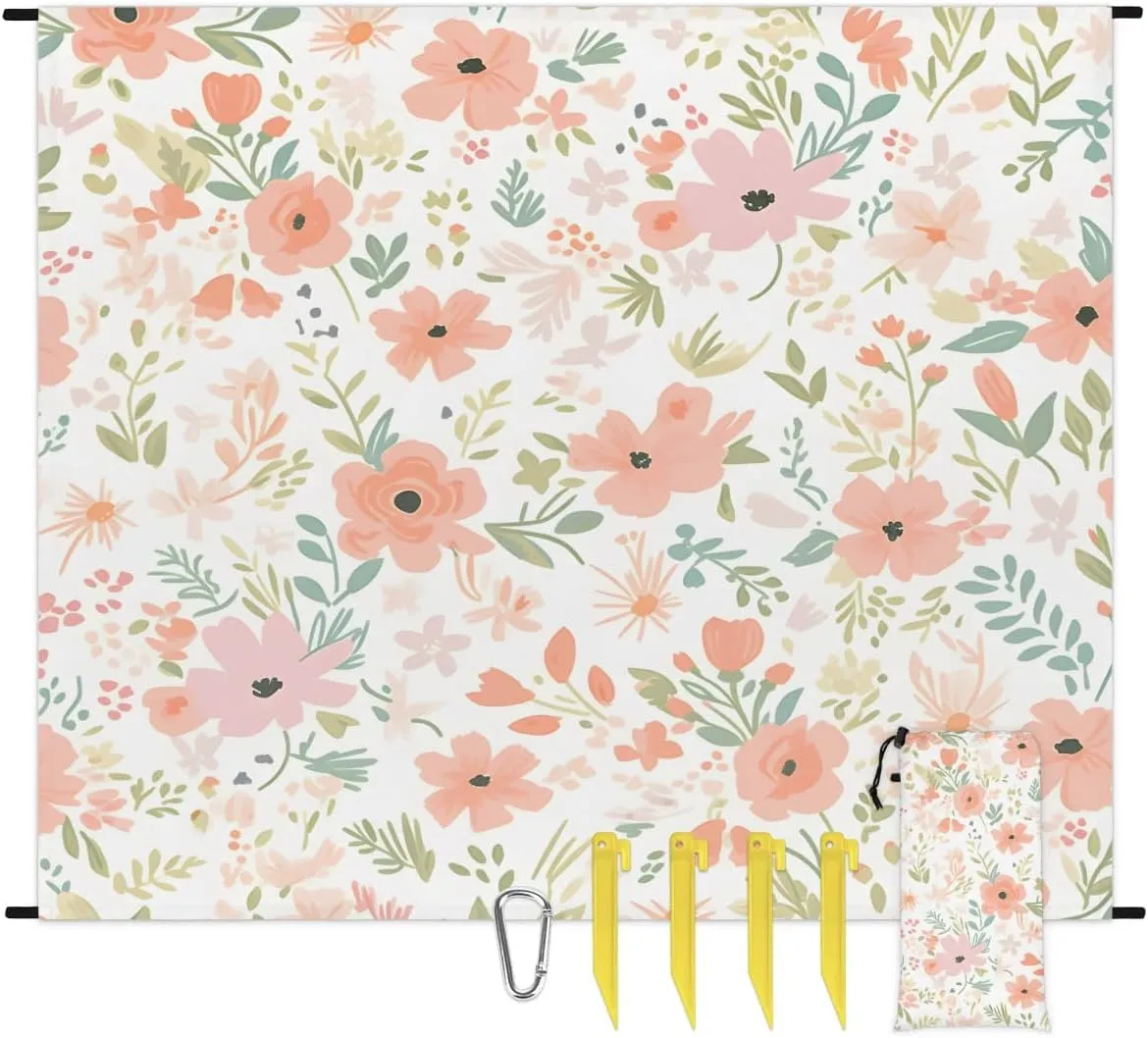Beach Blanket, Summer Daisy Flower Sandproof Beach Mat, Waterproof Quick Drying Sand Free Mat with 4 x Ground Spikes for Outdoor Travel Camping Hiking, Floral Eucalyptus 68 x 59 in