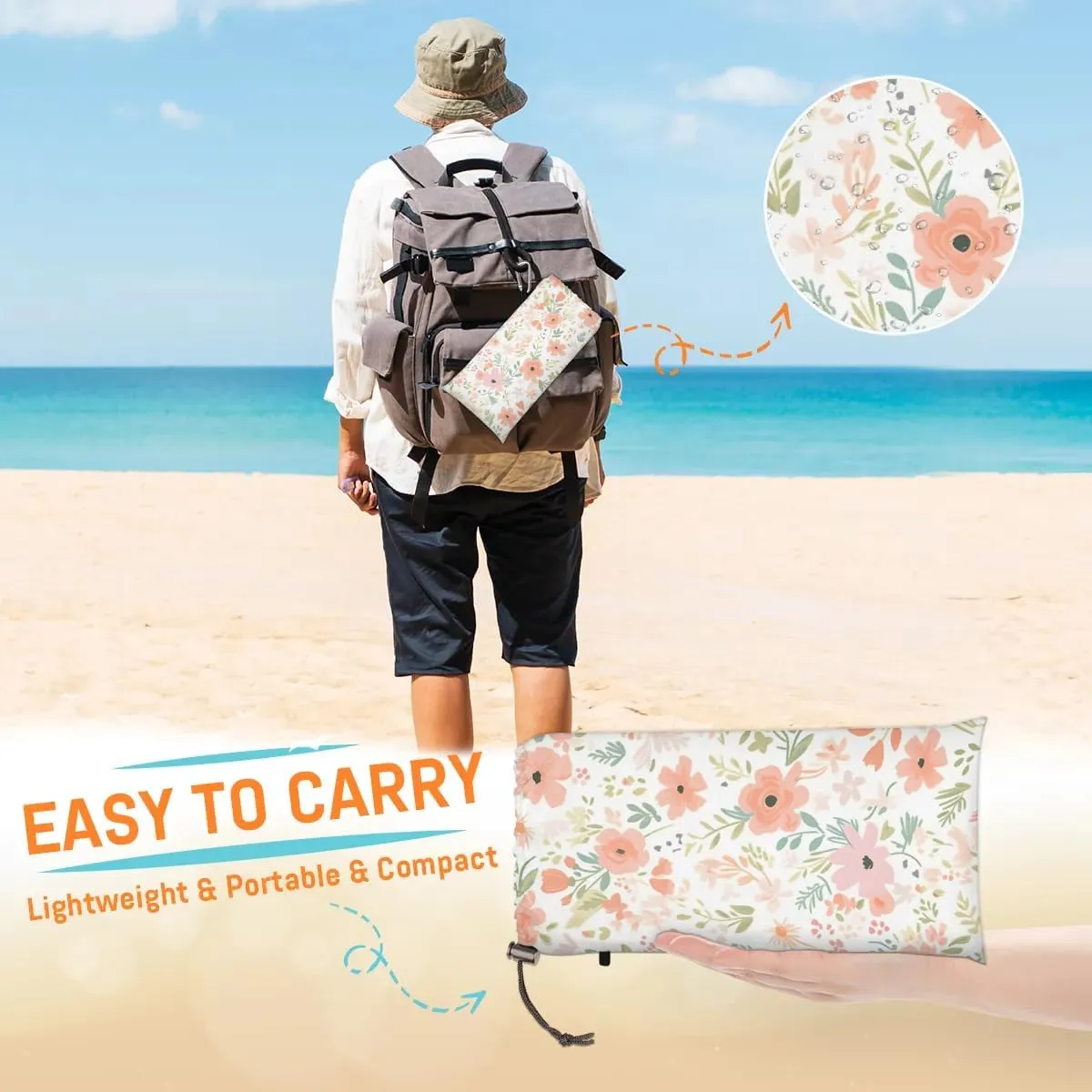 Beach Blanket, Summer Daisy Flower Sandproof Beach Mat, Waterproof Quick Drying Sand Free Mat with 4 x Ground Spikes for Outdoor Travel Camping Hiking, Floral Eucalyptus 68 x 59 in
