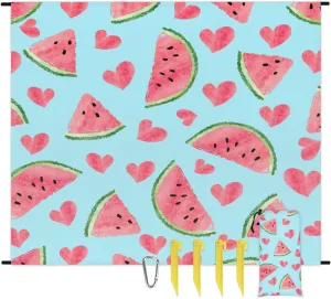 Beach Blanket, Sweet Watermelon Sandproof Beach Mat, Waterproof Quick Drying Sand Free Mat with 4 x Ground Spikes for Outdoor Travel Camping Hiking, Watermelon 68 x 59 in