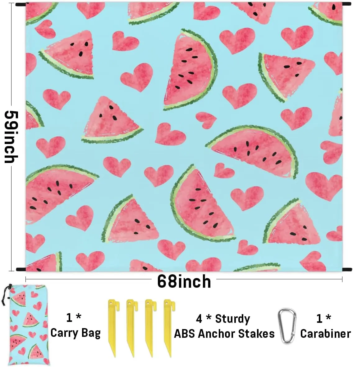 Beach Blanket, Sweet Watermelon Sandproof Beach Mat, Waterproof Quick Drying Sand Free Mat with 4 x Ground Spikes for Outdoor Travel Camping Hiking, Watermelon 68 x 59 in