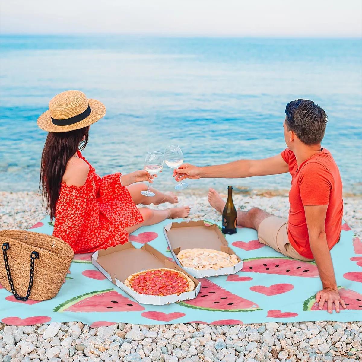 Beach Blanket, Sweet Watermelon Sandproof Beach Mat, Waterproof Quick Drying Sand Free Mat with 4 x Ground Spikes for Outdoor Travel Camping Hiking, Watermelon 68 x 59 in