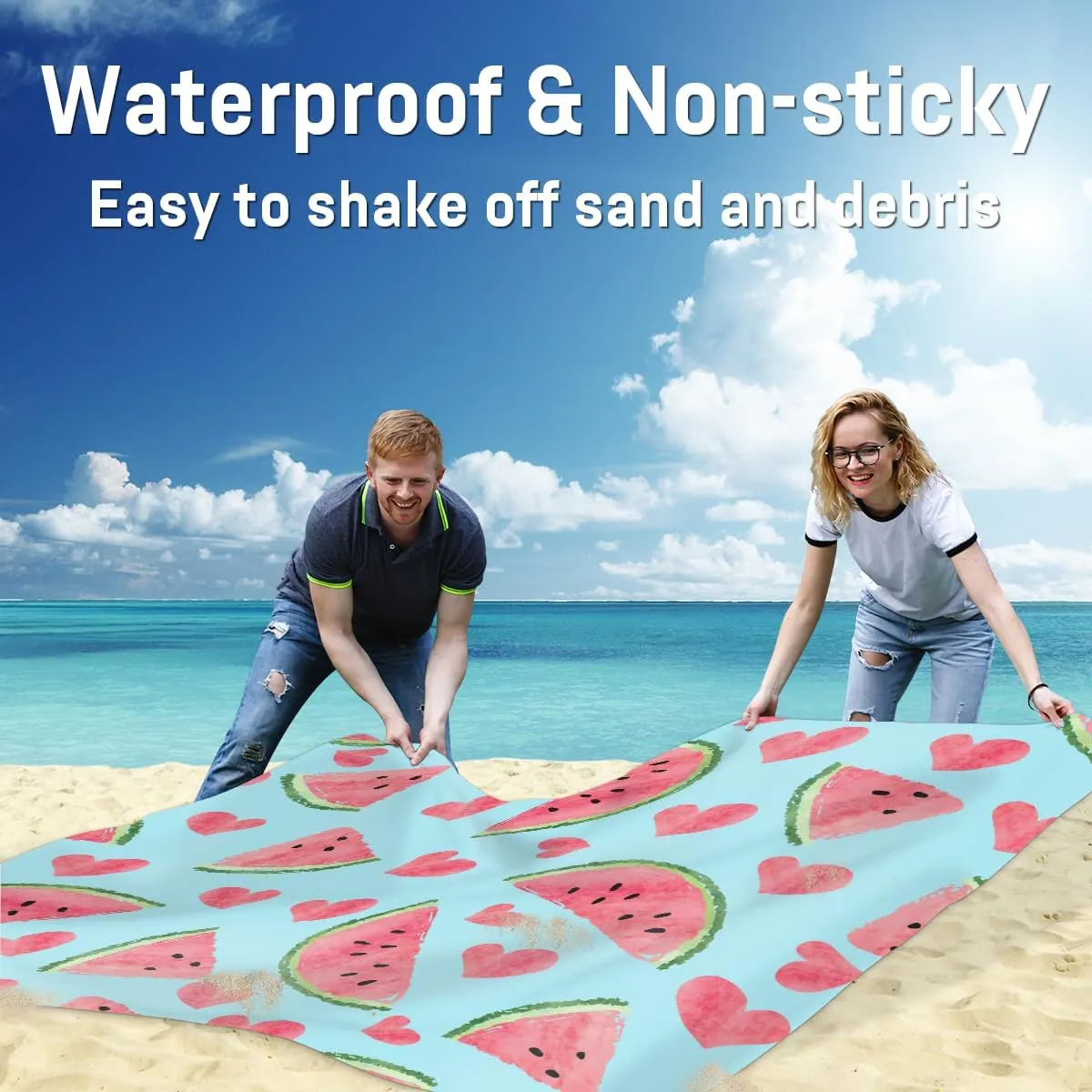 Beach Blanket, Sweet Watermelon Sandproof Beach Mat, Waterproof Quick Drying Sand Free Mat with 4 x Ground Spikes for Outdoor Travel Camping Hiking, Watermelon 68 x 59 in