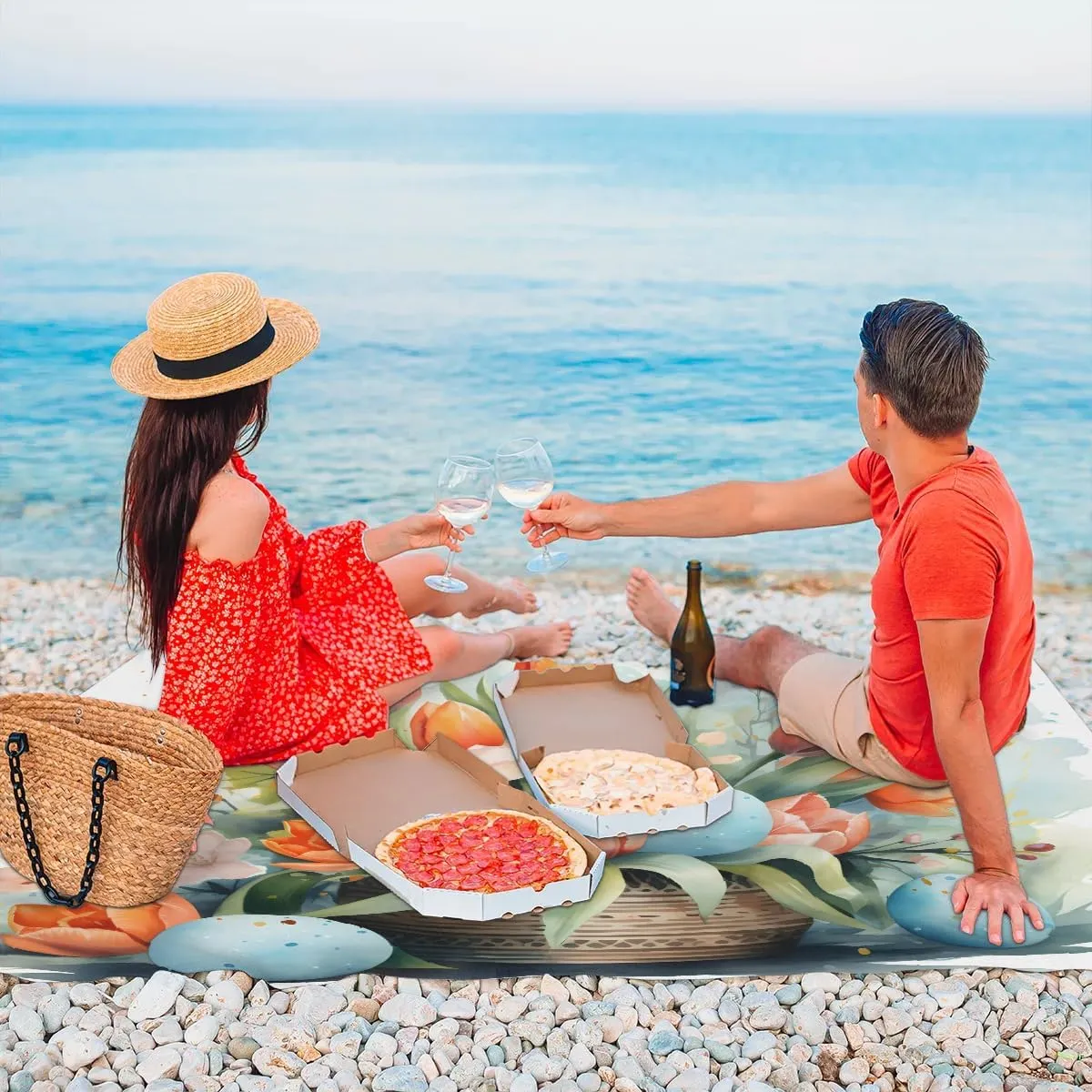 Beach Blanket, Tulips Floral Sandproof Beach Mat, Waterproof Quick Drying Sand Free Mat with 4 x Ground Spikes for Outdoor Travel Camping Hiking, Tulips Flower Bed 68 x 59 in