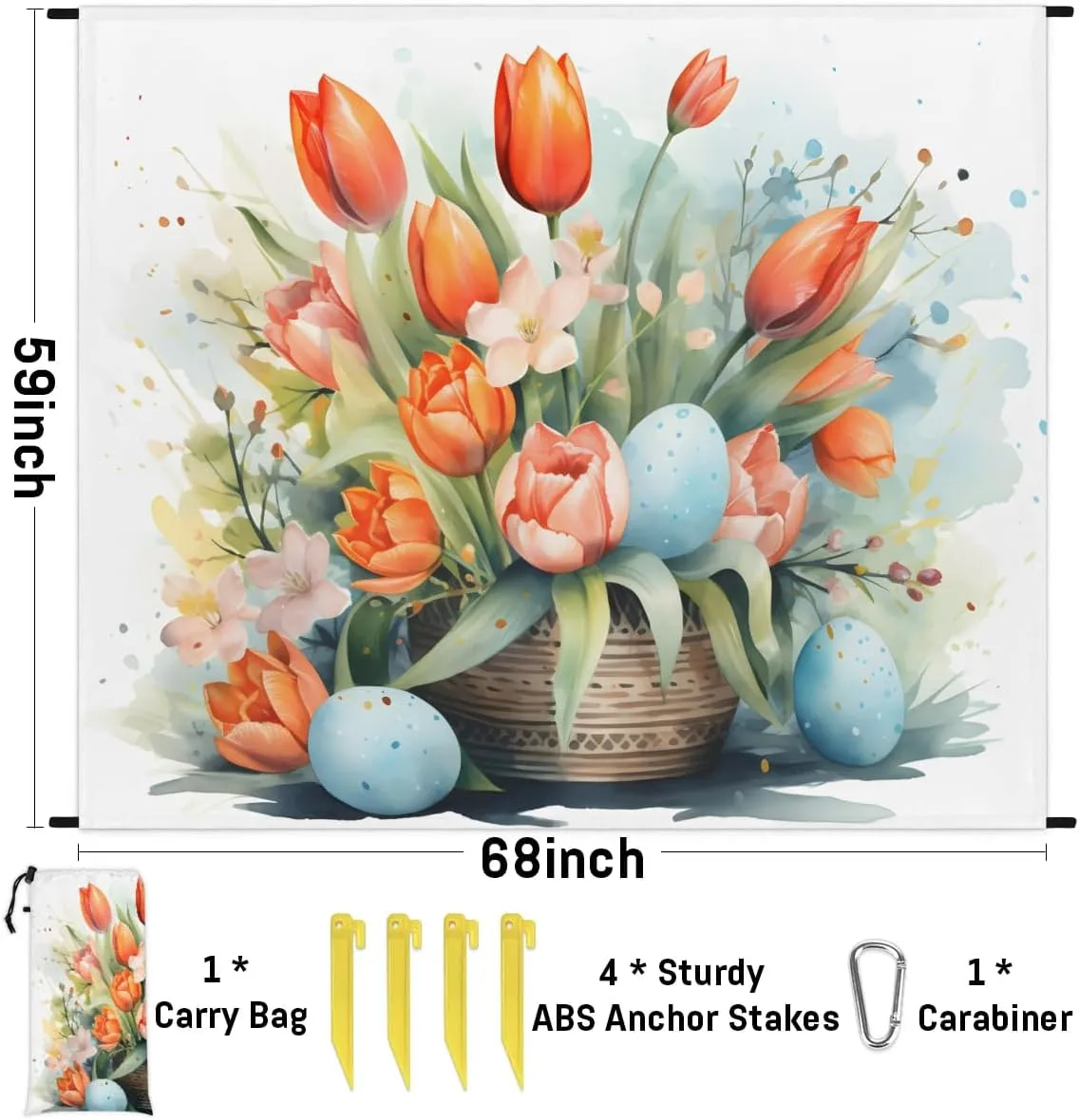 Beach Blanket, Tulips Floral Sandproof Beach Mat, Waterproof Quick Drying Sand Free Mat with 4 x Ground Spikes for Outdoor Travel Camping Hiking, Tulips Flower Bed 68 x 59 in