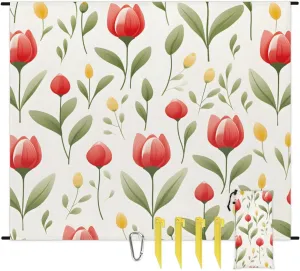 Beach Blanket, Tulips Flower Sandproof Beach Mat, Waterproof Quick Drying Sand Free Mat with 4 x Ground Spikes for Outdoor Travel Camping Hiking, Wildflowers 68 x 59 in