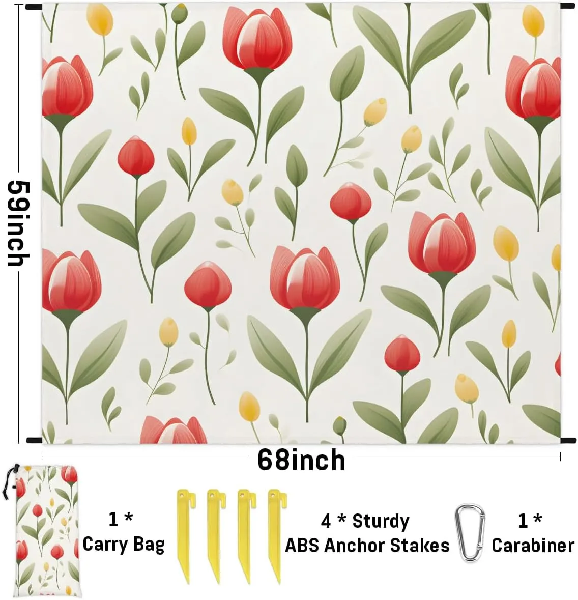 Beach Blanket, Tulips Flower Sandproof Beach Mat, Waterproof Quick Drying Sand Free Mat with 4 x Ground Spikes for Outdoor Travel Camping Hiking, Wildflowers 68 x 59 in