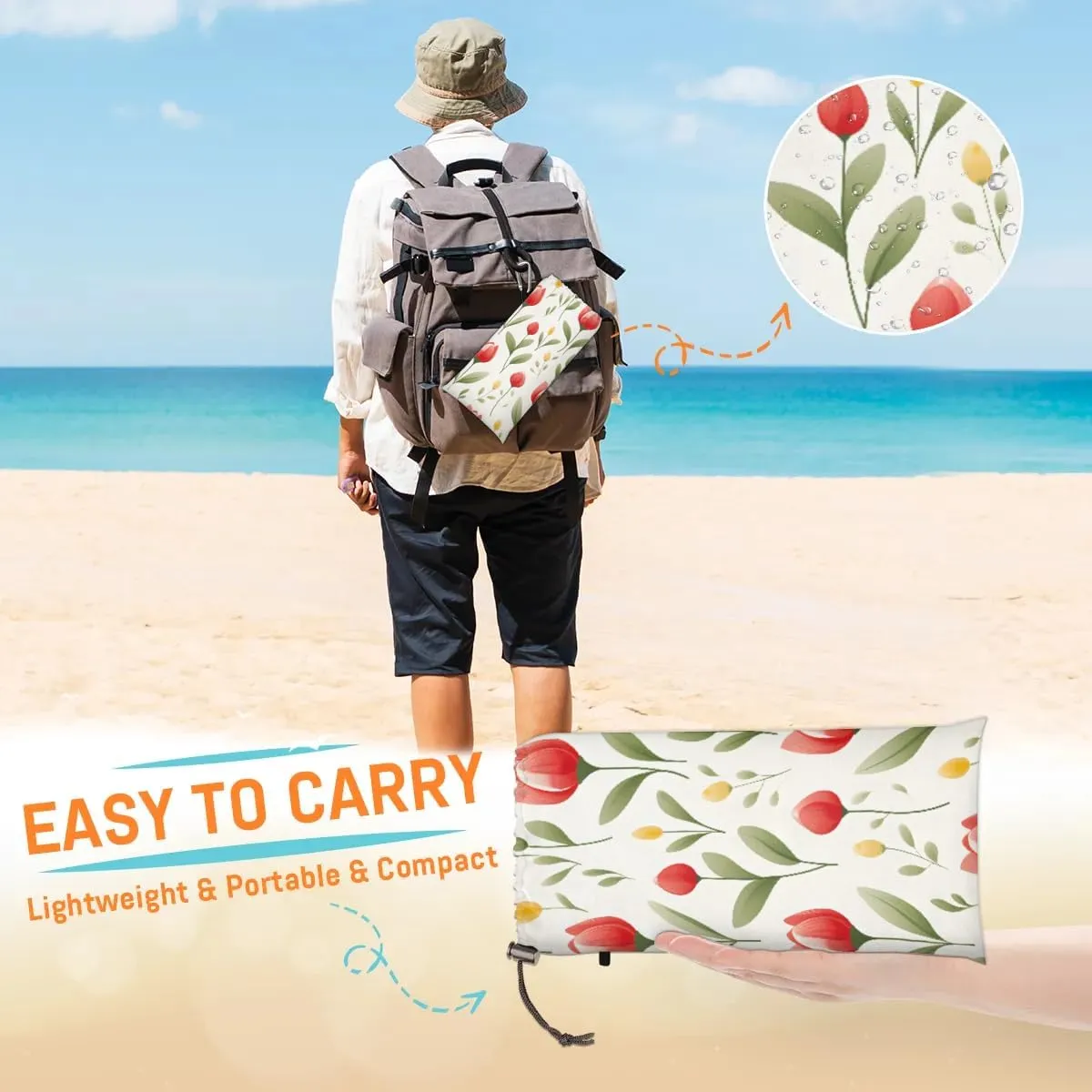 Beach Blanket, Tulips Flower Sandproof Beach Mat, Waterproof Quick Drying Sand Free Mat with 4 x Ground Spikes for Outdoor Travel Camping Hiking, Wildflowers 68 x 59 in