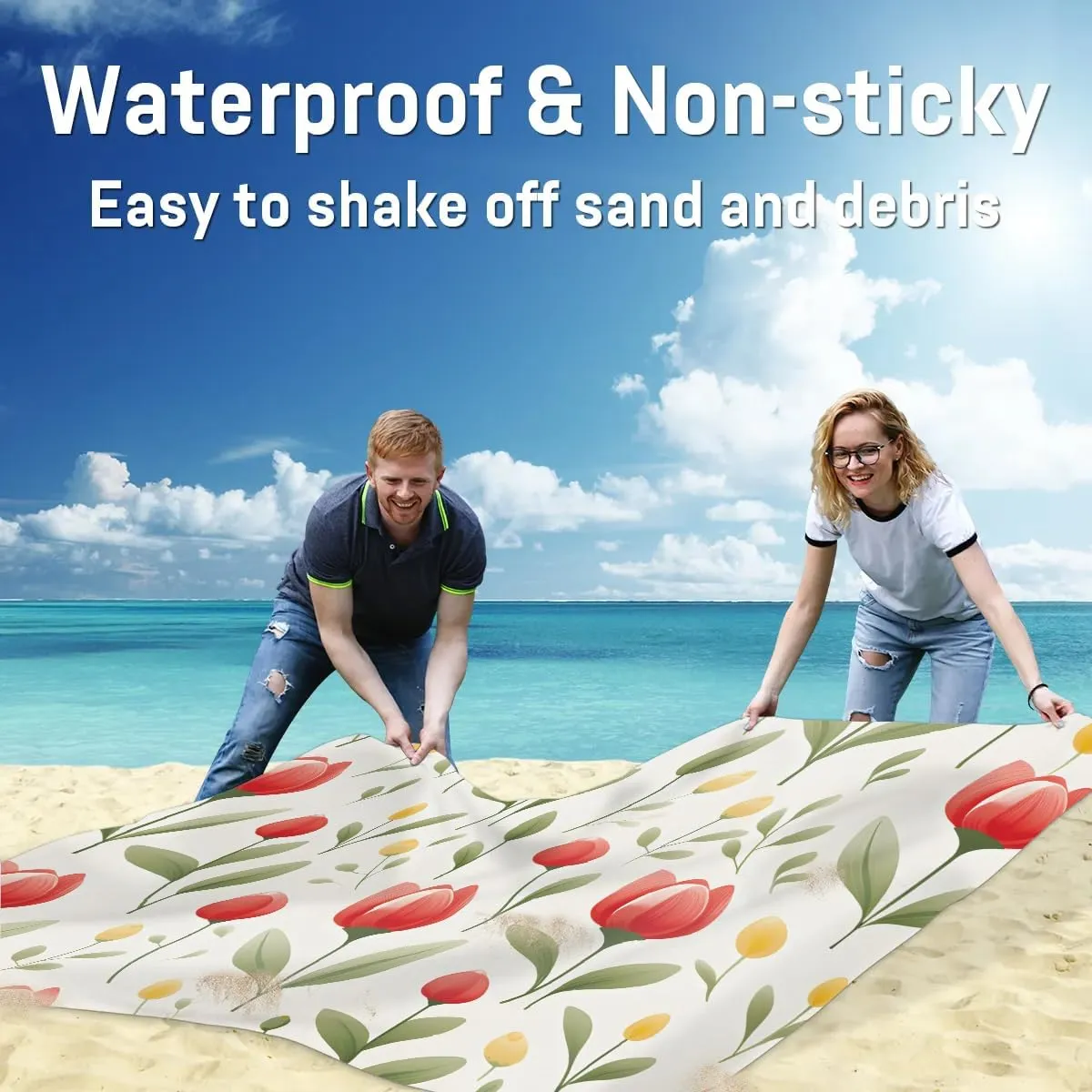 Beach Blanket, Tulips Flower Sandproof Beach Mat, Waterproof Quick Drying Sand Free Mat with 4 x Ground Spikes for Outdoor Travel Camping Hiking, Wildflowers 68 x 59 in