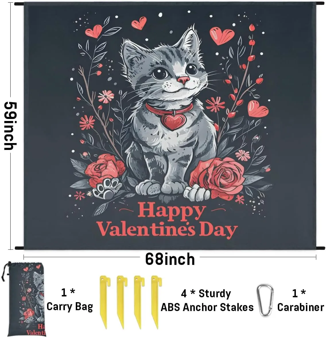 Beach Blanket, Valentine's Day Sandproof Beach Mat, Waterproof Quick Drying Sand Free Mat with 4 x Ground Spikes for Outdoor Travel Camping Hiking, Cute Cat Spring Floral Love 68 x 59 in