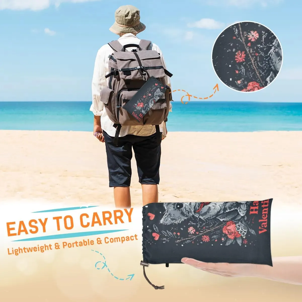 Beach Blanket, Valentine's Day Sandproof Beach Mat, Waterproof Quick Drying Sand Free Mat with 4 x Ground Spikes for Outdoor Travel Camping Hiking, Cute Cat Spring Floral Love 68 x 59 in