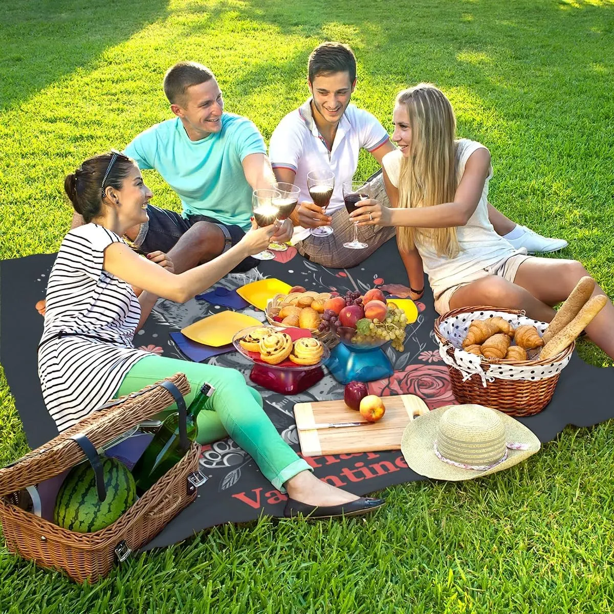Beach Blanket, Valentine's Day Sandproof Beach Mat, Waterproof Quick Drying Sand Free Mat with 4 x Ground Spikes for Outdoor Travel Camping Hiking, Cute Cat Spring Floral Love 68 x 59 in