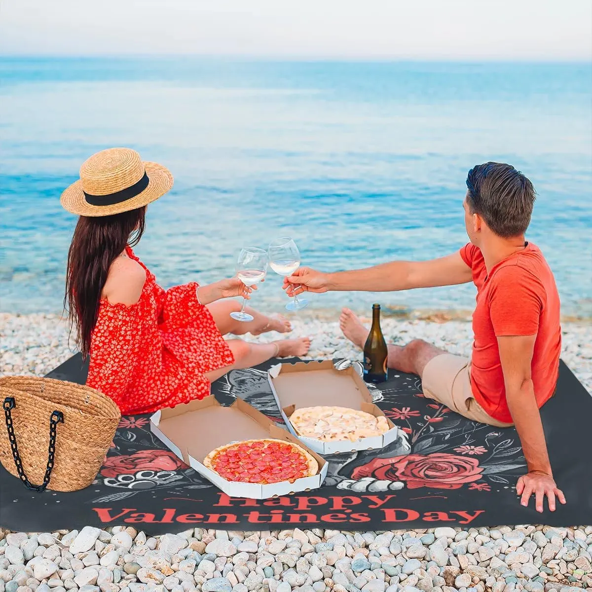 Beach Blanket, Valentine's Day Sandproof Beach Mat, Waterproof Quick Drying Sand Free Mat with 4 x Ground Spikes for Outdoor Travel Camping Hiking, Cute Cat Spring Floral Love 68 x 59 in