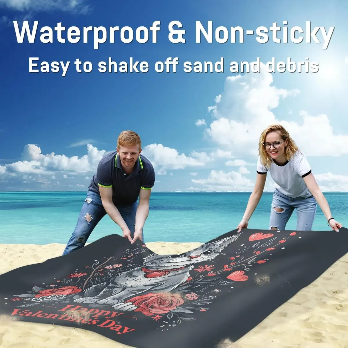 Beach Blanket, Valentine's Day Sandproof Beach Mat, Waterproof Quick Drying Sand Free Mat with 4 x Ground Spikes for Outdoor Travel Camping Hiking, Cute Cat Spring Floral Love 68 x 59 in