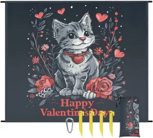 Beach Blanket, Valentine's Day Sandproof Beach Mat, Waterproof Quick Drying Sand Free Mat with 4 x Ground Spikes for Outdoor Travel Camping Hiking, Cute Cat Spring Floral Love 68 x 59 in