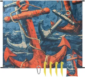 Beach Blanket, Vintage Anchor Sandproof Beach Mat, Waterproof Quick Drying Sand Free Mat with 4 x Ground Spikes for Outdoor Travel Camping Hiking, Nautical 68 x 59 in