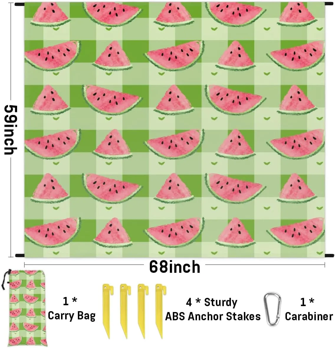 Beach Blanket, Watermelon Print Sandproof Beach Mat, Waterproof Quick Drying Sand Free Mat with 4 x Ground Spikes for Outdoor Travel Camping Hiking, Buffalo Checked 68 x 59 in