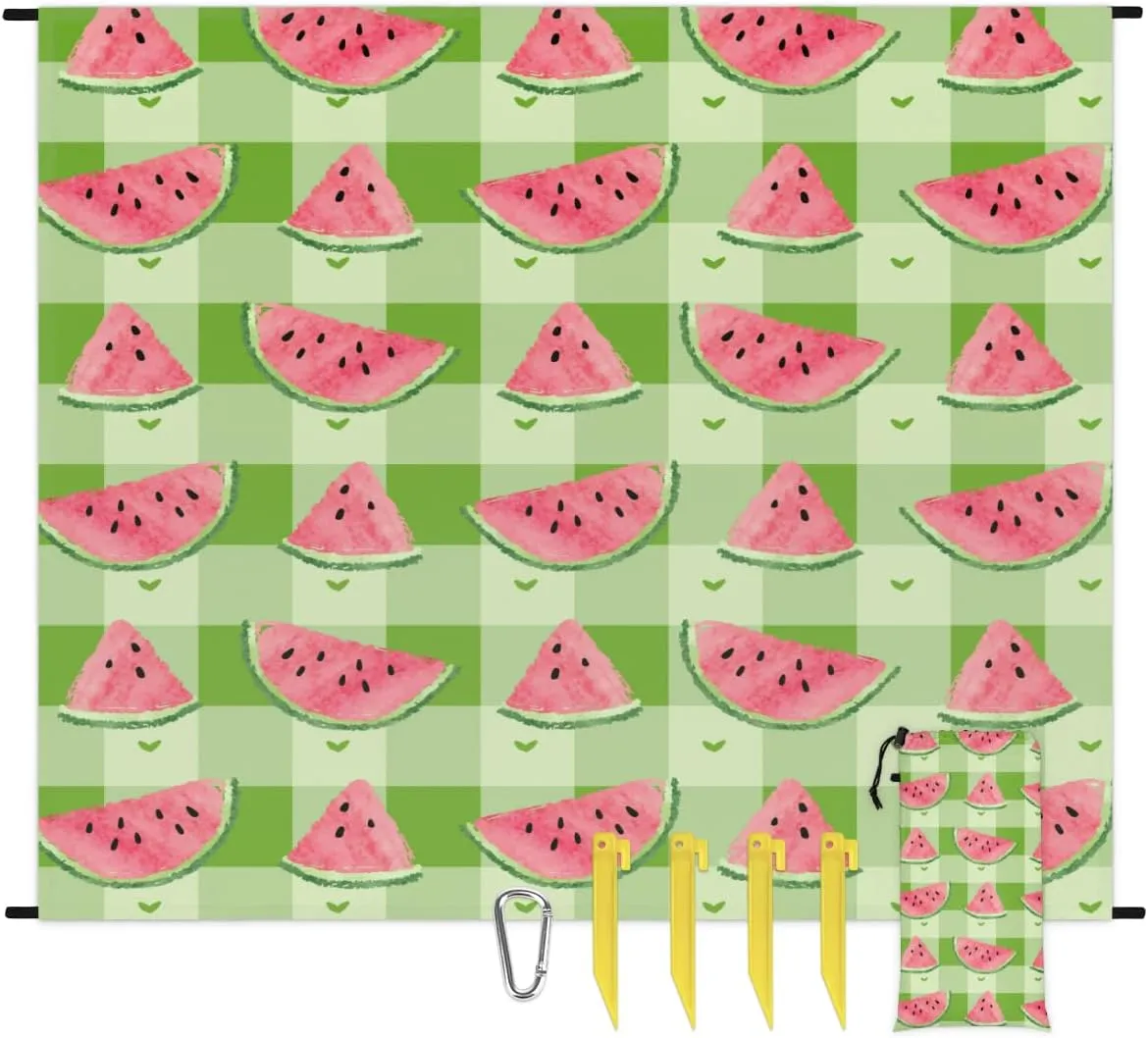 Beach Blanket, Watermelon Print Sandproof Beach Mat, Waterproof Quick Drying Sand Free Mat with 4 x Ground Spikes for Outdoor Travel Camping Hiking, Buffalo Checked 68 x 59 in