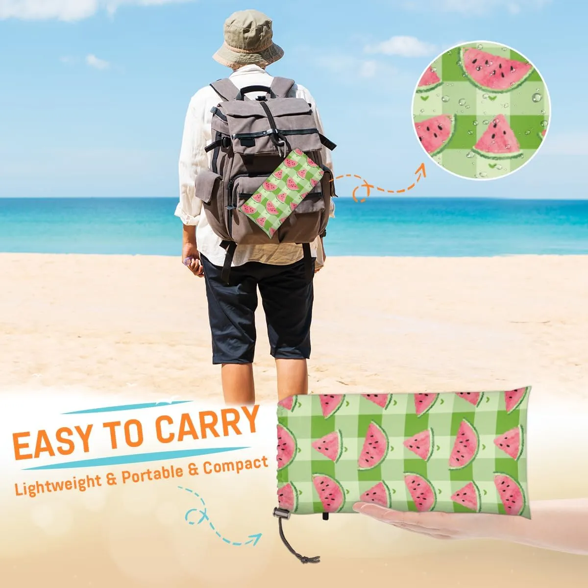 Beach Blanket, Watermelon Print Sandproof Beach Mat, Waterproof Quick Drying Sand Free Mat with 4 x Ground Spikes for Outdoor Travel Camping Hiking, Buffalo Checked 68 x 59 in