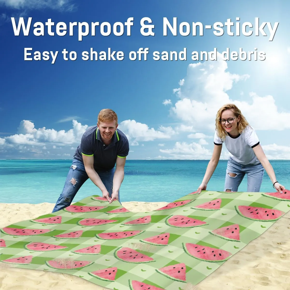 Beach Blanket, Watermelon Print Sandproof Beach Mat, Waterproof Quick Drying Sand Free Mat with 4 x Ground Spikes for Outdoor Travel Camping Hiking, Buffalo Checked 68 x 59 in