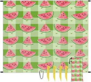 Beach Blanket, Watermelon Print Sandproof Beach Mat, Waterproof Quick Drying Sand Free Mat with 4 x Ground Spikes for Outdoor Travel Camping Hiking, Buffalo Checked 68 x 59 in