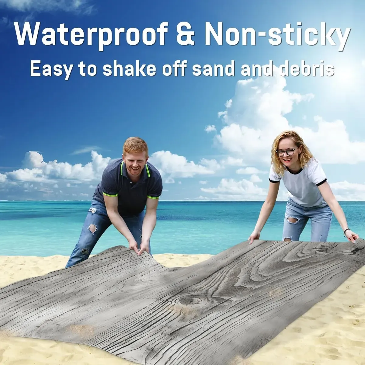 Beach Blanket, Wood Grain Sandproof Beach Mat, Waterproof Quick Drying Sand Free Mat with 4 x Ground Spikes for Outdoor Travel Camping Hiking, Farm Wood Grain 68 x 59 in