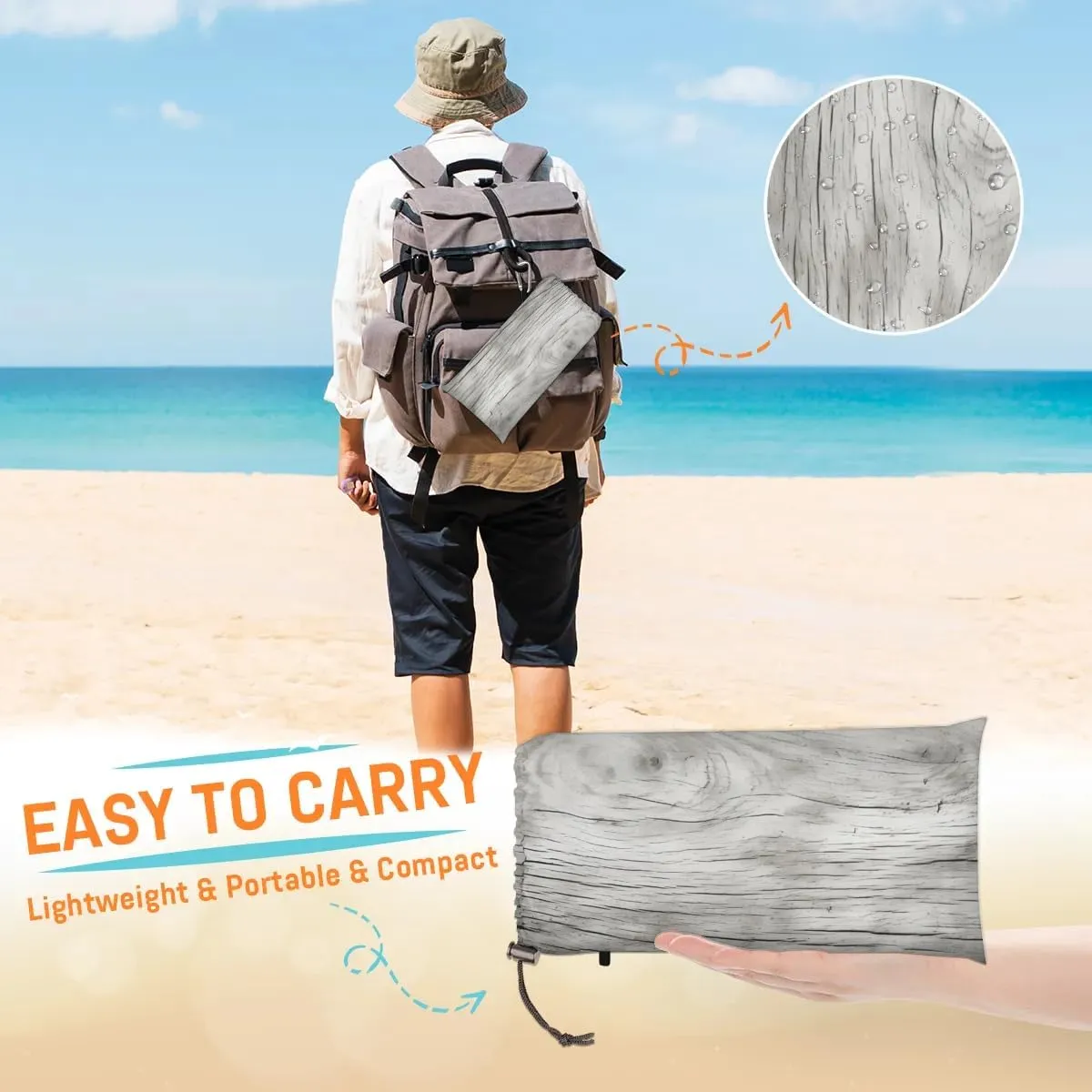 Beach Blanket, Wood Grain Sandproof Beach Mat, Waterproof Quick Drying Sand Free Mat with 4 x Ground Spikes for Outdoor Travel Camping Hiking, Farm Wood Grain 68 x 59 in