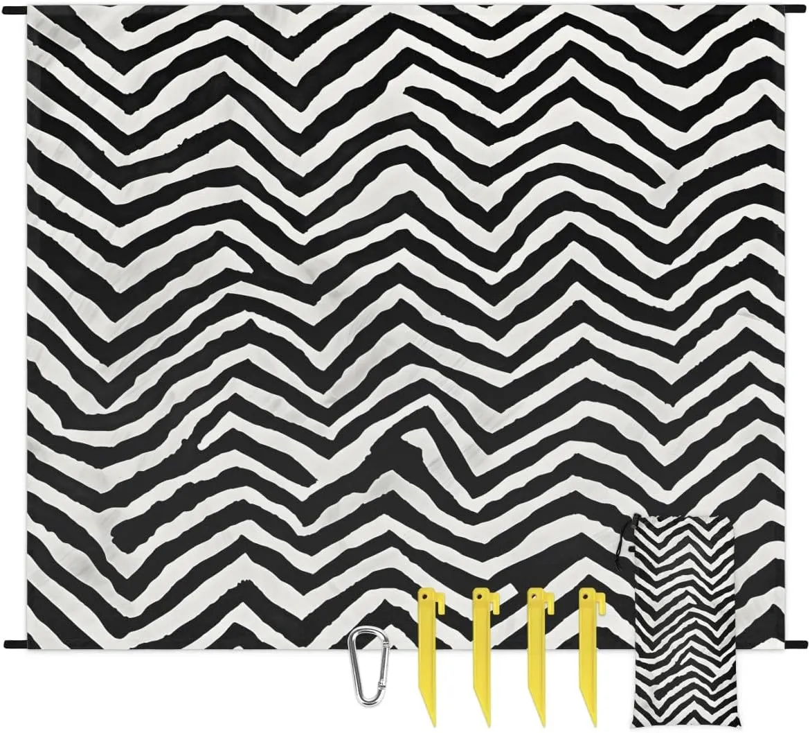 Beach Blanket, Zebra Skin Sandproof Beach Mat, Waterproof Quick Drying Sand Free Mat with 4 x Ground Spikes for Outdoor Travel Camping Hiking, Black White 68 x 59 in