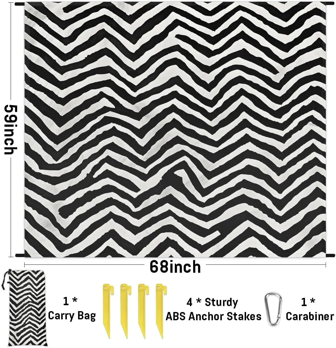 Beach Blanket, Zebra Skin Sandproof Beach Mat, Waterproof Quick Drying Sand Free Mat with 4 x Ground Spikes for Outdoor Travel Camping Hiking, Black White 68 x 59 in