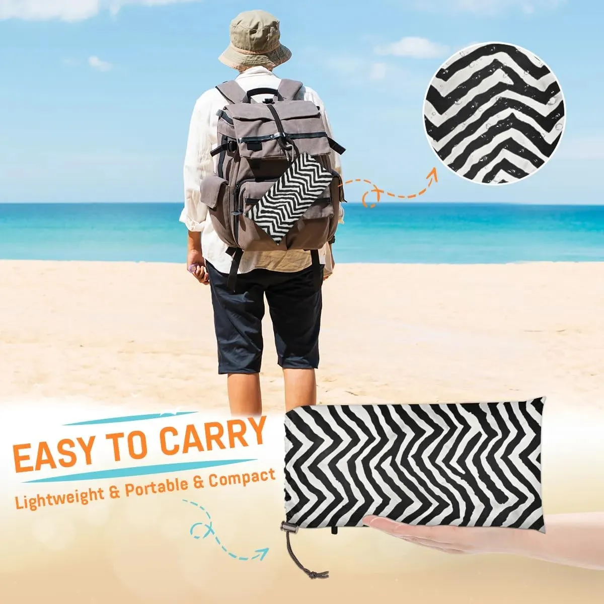Beach Blanket, Zebra Skin Sandproof Beach Mat, Waterproof Quick Drying Sand Free Mat with 4 x Ground Spikes for Outdoor Travel Camping Hiking, Black White 68 x 59 in