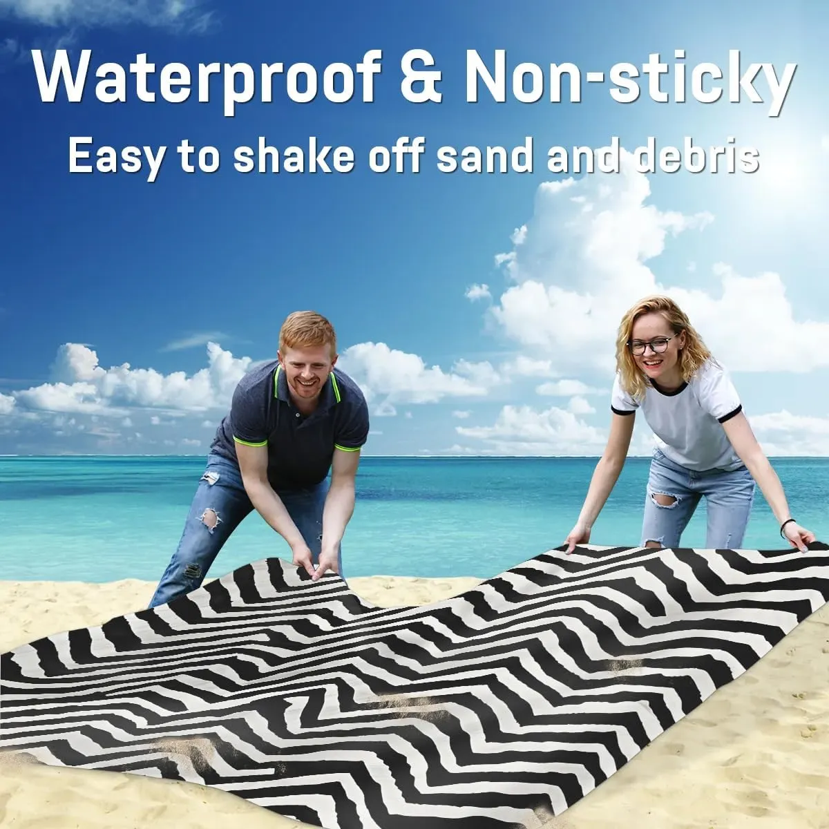 Beach Blanket, Zebra Skin Sandproof Beach Mat, Waterproof Quick Drying Sand Free Mat with 4 x Ground Spikes for Outdoor Travel Camping Hiking, Black White 68 x 59 in