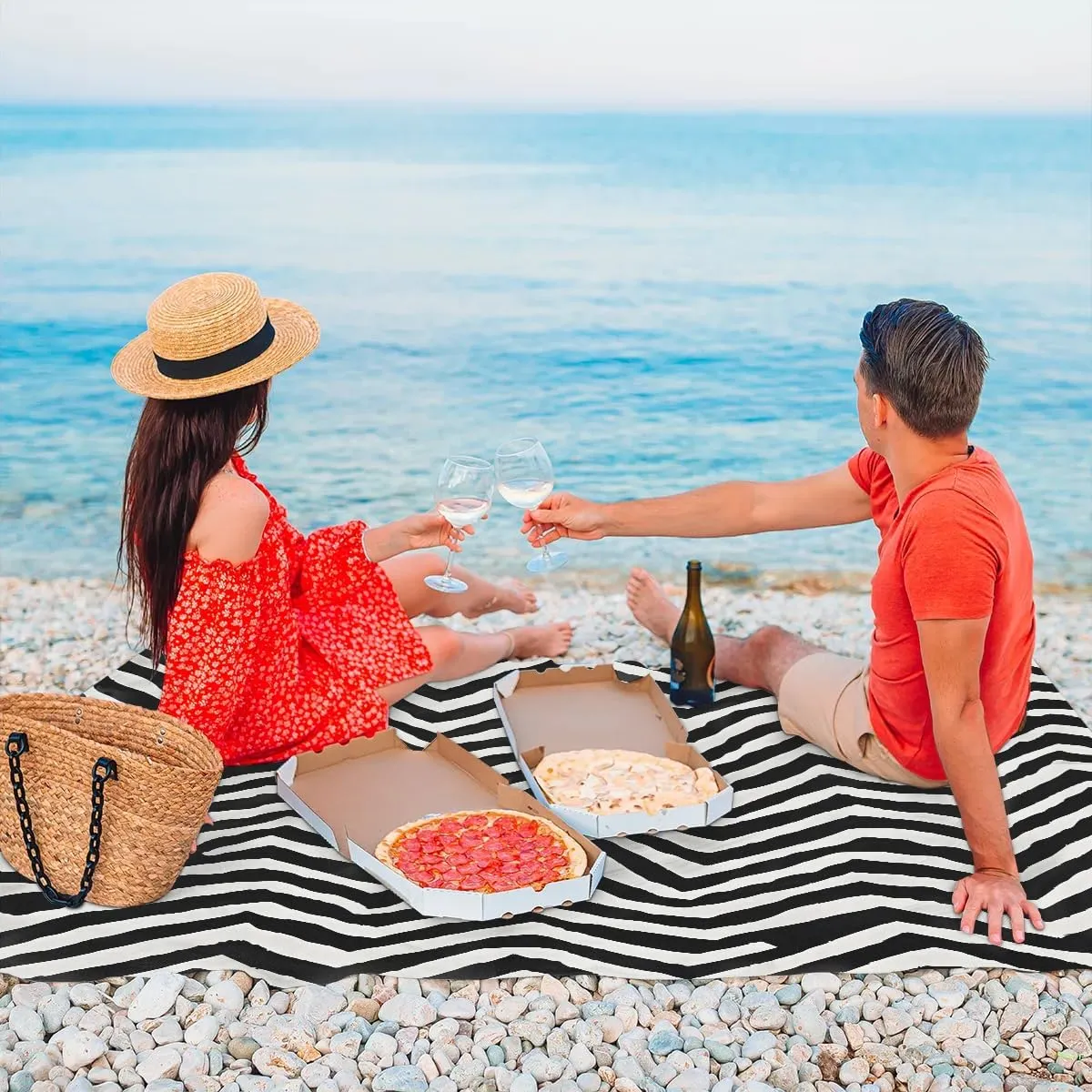 Beach Blanket, Zebra Skin Sandproof Beach Mat, Waterproof Quick Drying Sand Free Mat with 4 x Ground Spikes for Outdoor Travel Camping Hiking, Black White 68 x 59 in