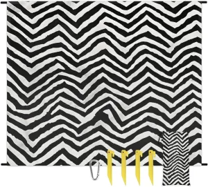 Beach Blanket, Zebra Skin Sandproof Beach Mat, Waterproof Quick Drying Sand Free Mat with 4 x Ground Spikes for Outdoor Travel Camping Hiking, Black White 68 x 59 in