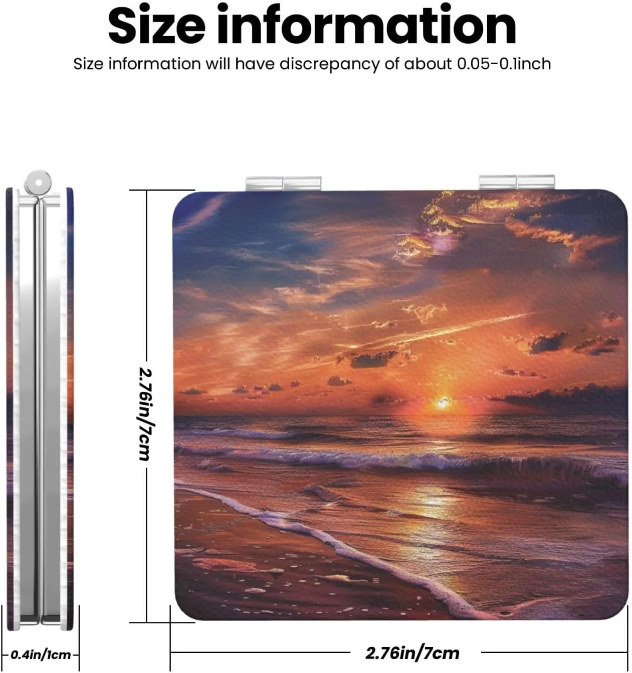 Beach Sunrise Printed Square Pocket Makeup Mirror with 1X/2X Magnification, Portable Mini Travel Makeup Mirror for Travel Daily Work Beauty