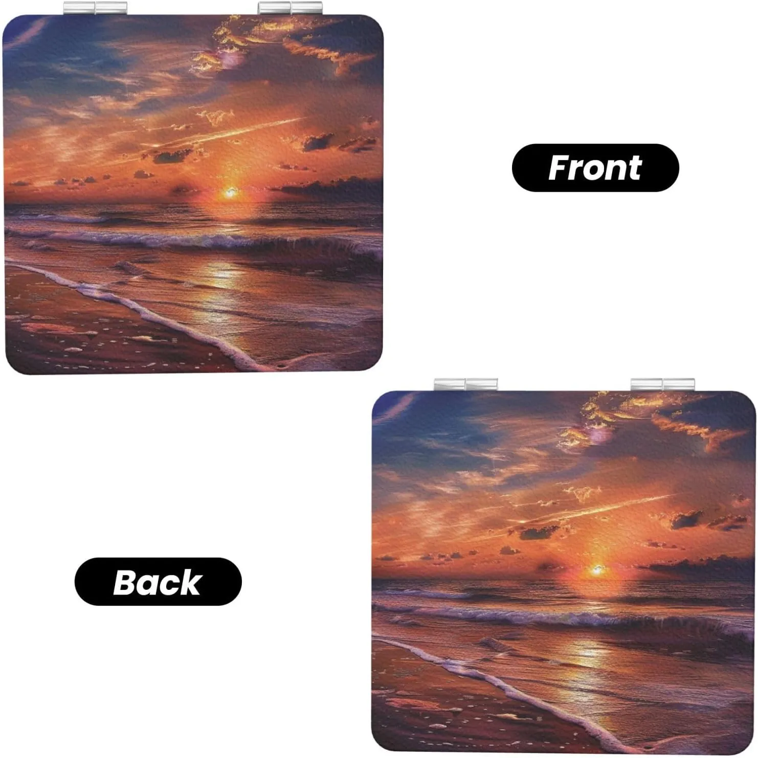Beach Sunrise Printed Square Pocket Makeup Mirror with 1X/2X Magnification, Portable Mini Travel Makeup Mirror for Travel Daily Work Beauty