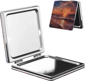 Beach Sunrise Printed Square Pocket Makeup Mirror with 1X/2X Magnification, Portable Mini Travel Makeup Mirror for Travel Daily Work Beauty