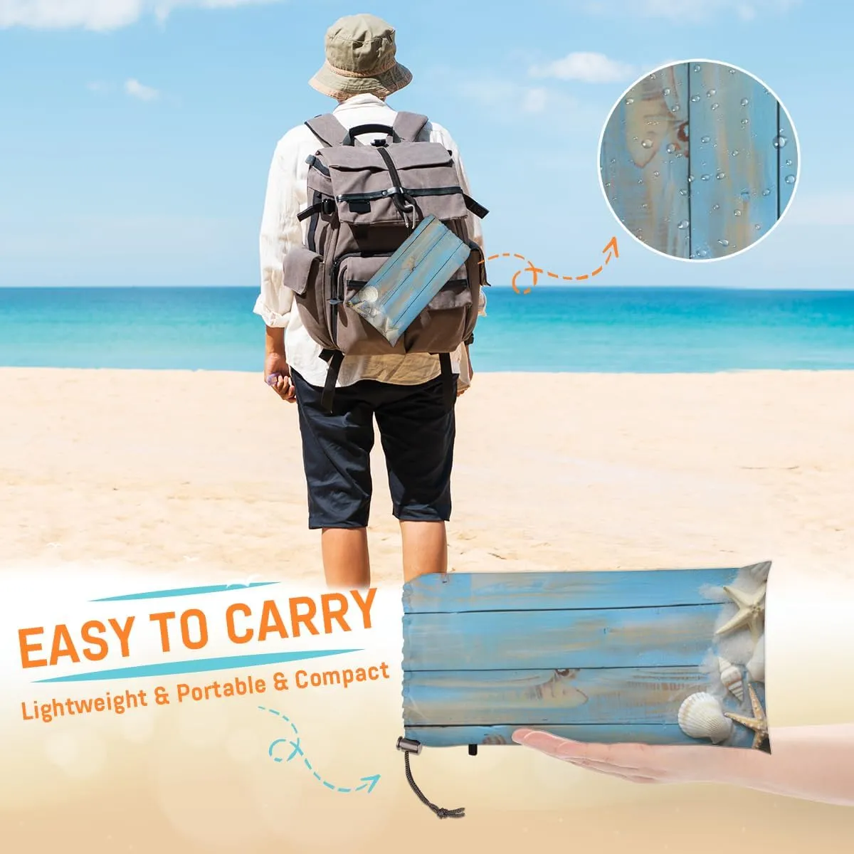 Beach Theme Beach Blanket, Sandproof Beach Mat, Adults Waterproof Quick Drying Sand Free Mat with 4 x Ground Spikes for Outdoor Travel Camping Hiking, Seashells Starfish