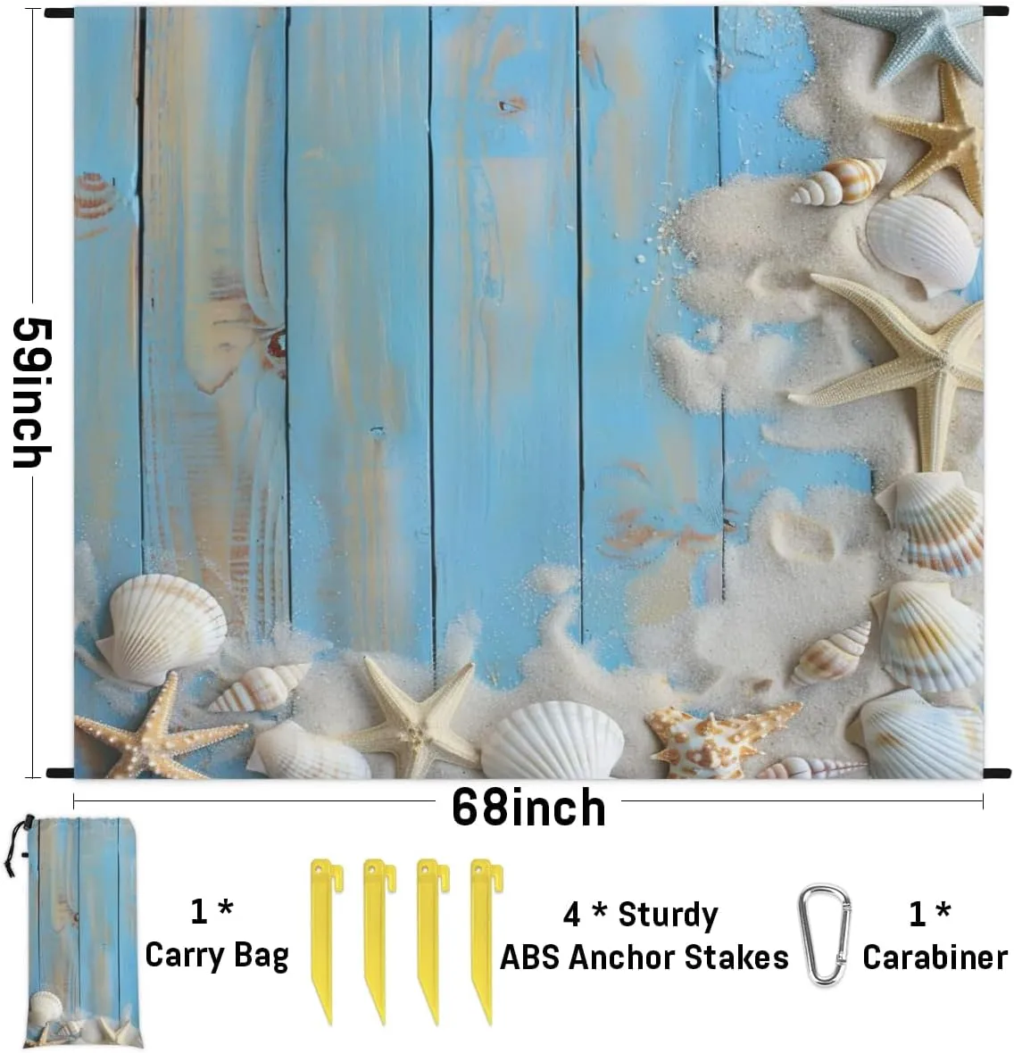 Beach Theme Beach Blanket, Sandproof Beach Mat, Adults Waterproof Quick Drying Sand Free Mat with 4 x Ground Spikes for Outdoor Travel Camping Hiking, Seashells Starfish
