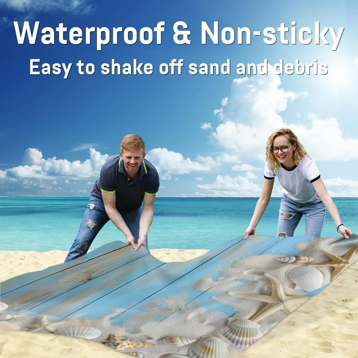 Beach Theme Beach Blanket, Sandproof Beach Mat, Adults Waterproof Quick Drying Sand Free Mat with 4 x Ground Spikes for Outdoor Travel Camping Hiking, Seashells Starfish