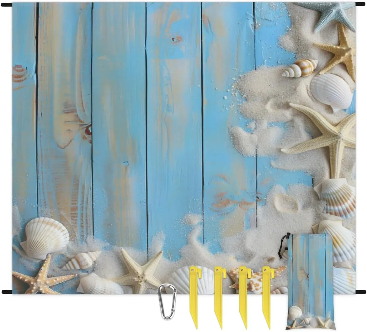 Beach Theme Beach Blanket, Sandproof Beach Mat, Adults Waterproof Quick Drying Sand Free Mat with 4 x Ground Spikes for Outdoor Travel Camping Hiking, Seashells Starfish