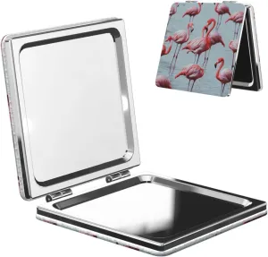 Beautiful Funny Flamingos Printed Square Pocket Makeup Mirror with 1X/2X Magnification, Portable Mini Travel Makeup Mirror for Travel Daily Work Beauty