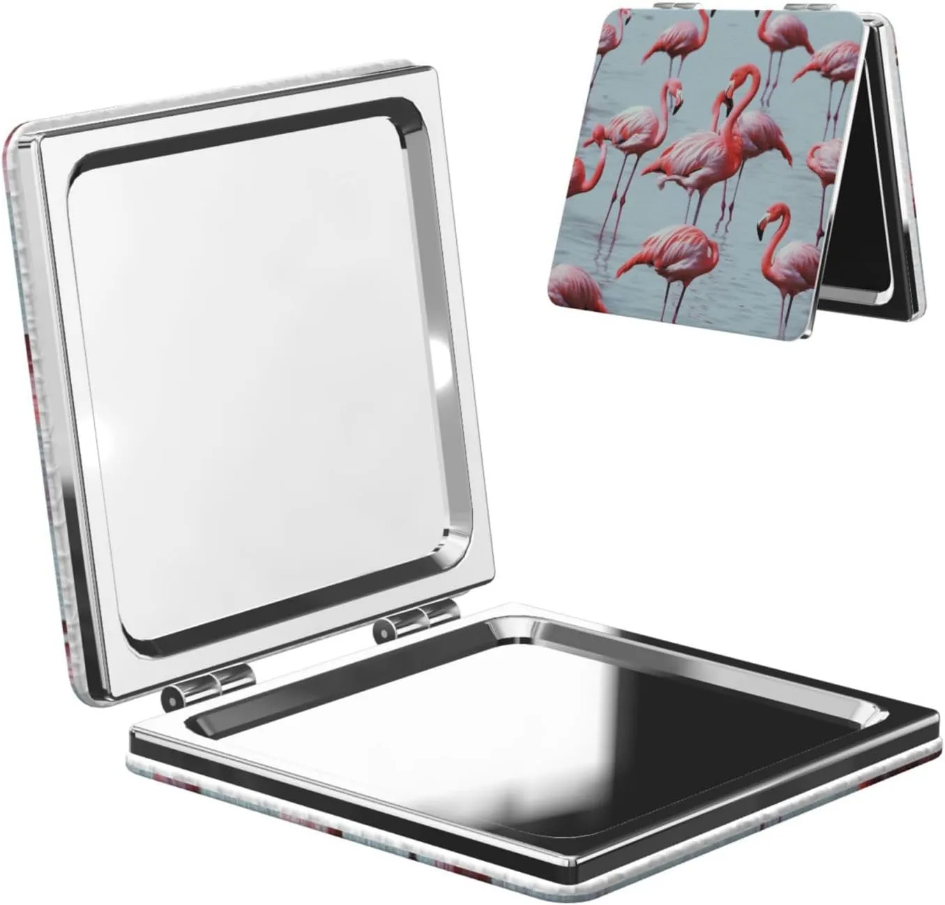 Beautiful Funny Flamingos Printed Square Pocket Makeup Mirror with 1X/2X Magnification, Portable Mini Travel Makeup Mirror for Travel Daily Work Beauty