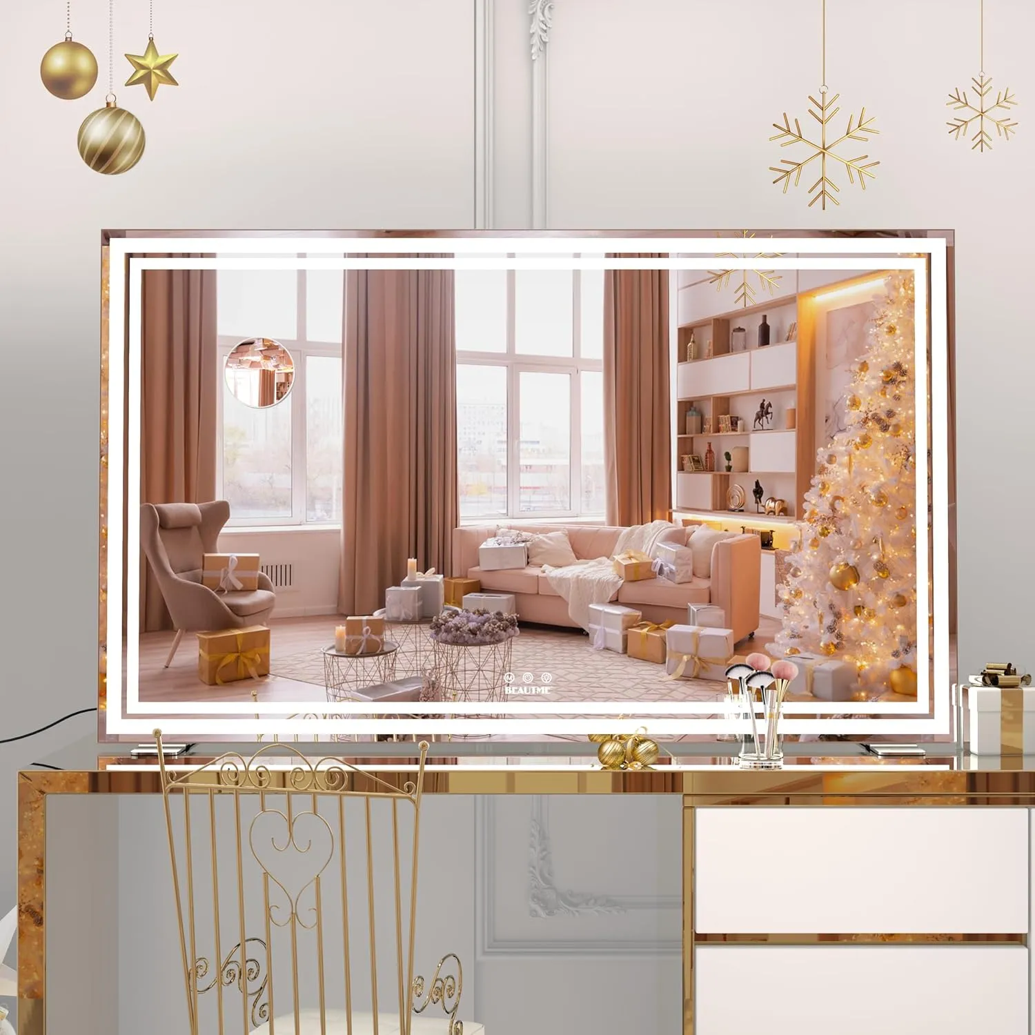 BEAUTME Vanity Mirror,40x24.3 Inch, Hollywood Mirror with Double Led Strips,Makeup Mirror for Dressing Room & Bedroom, Desktop Mirror/Wall Mounted Mirror 1.8M Charger Cable,Aluminium Frame,Silver