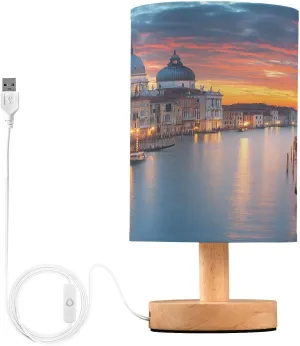 Bedside Table Lamp Sunset Waterway Boat House Table Lamp for Bedroom Nightstand Lamp with USB Port LED Desk Lamp Shade Living Room Dorm Office