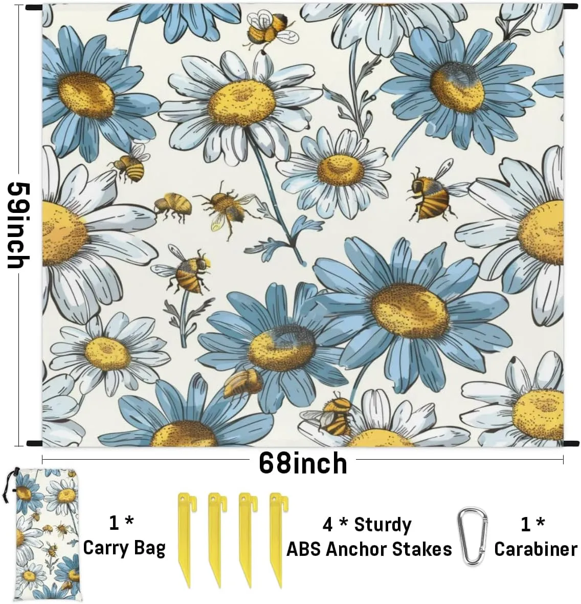 Bee Beach Blanket, Sandproof Beach Mat, Adults Waterproof Quick Drying Sand Free Mat with 4 x Ground Spikes for Outdoor Travel Camping Hiking, Bumblebee with Flower Printed