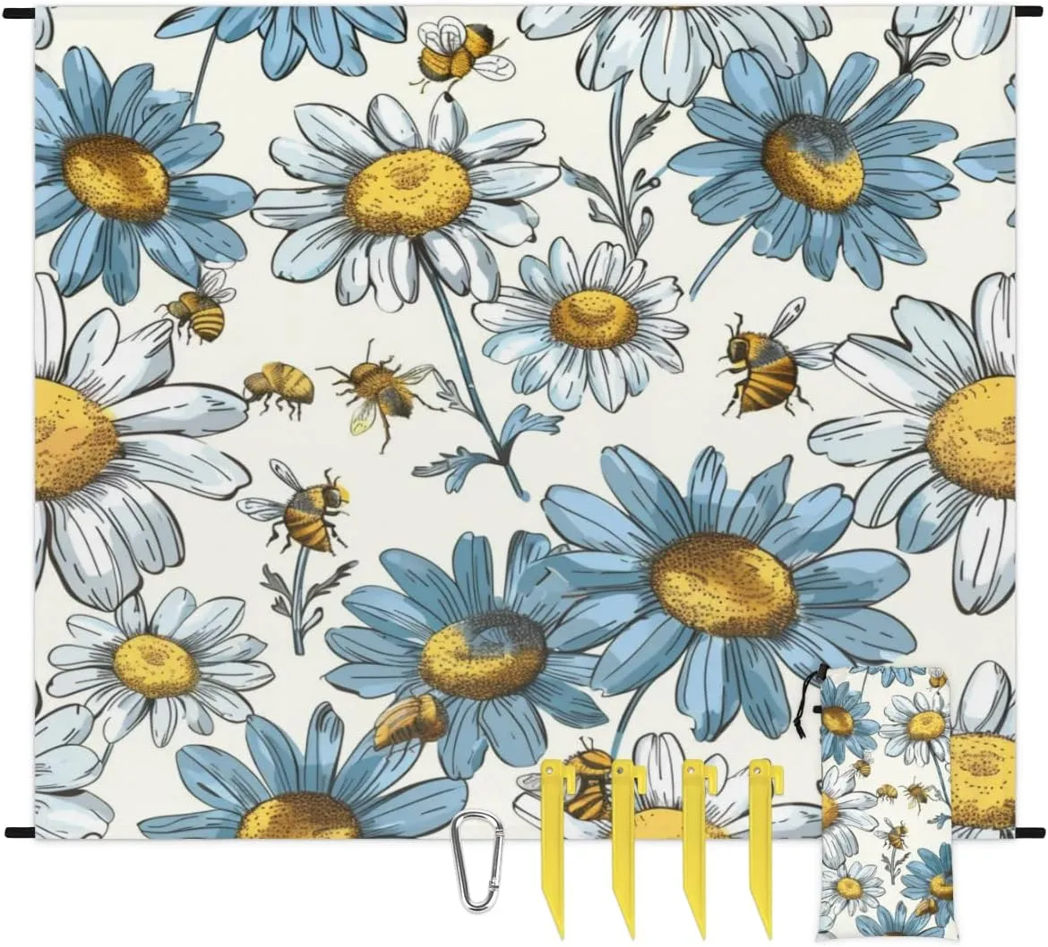 Bee Beach Blanket, Sandproof Beach Mat, Adults Waterproof Quick Drying Sand Free Mat with 4 x Ground Spikes for Outdoor Travel Camping Hiking, Bumblebee with Flower Printed