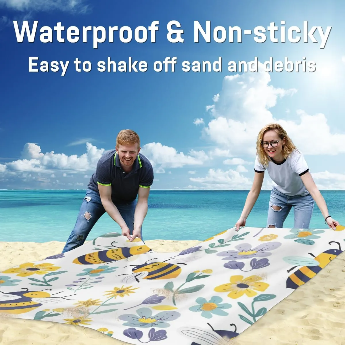 Bee Beach Blanket, Sandproof Beach Mat, Adults Waterproof Quick Drying Sand Free Mat with 4 x Ground Spikes for Outdoor Travel Camping Hiking, Country Floral Bee